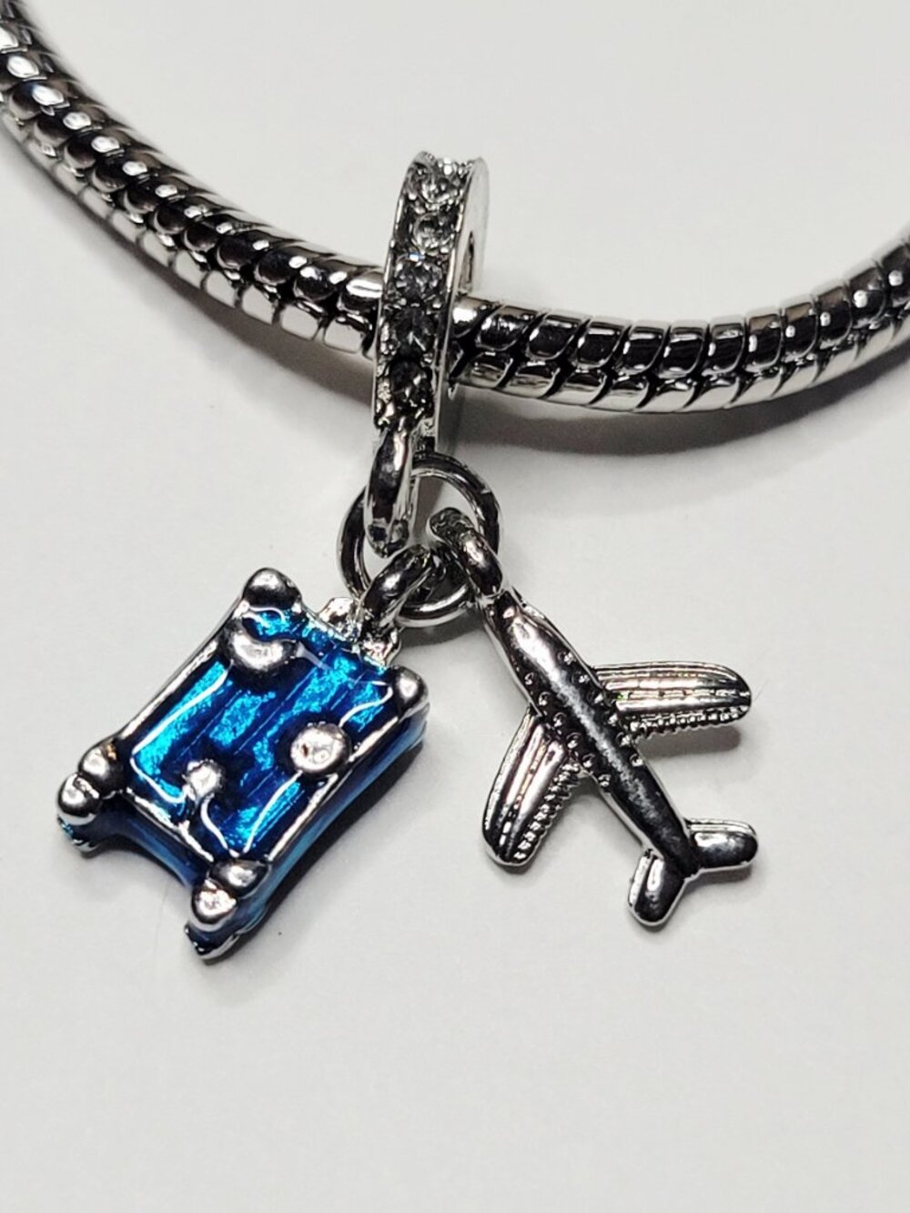 NWT For Pandora Charm Bracelet Blue Silver Color Airplane Suitcase Dangle Charm
